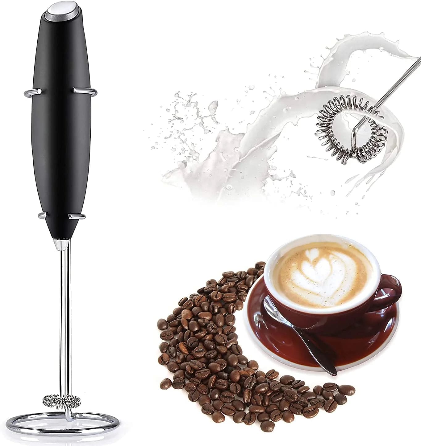 Pro Milk Frother Handheld with Stand - Powerful Coffee Frother Electric Handheld Mixer & Foam Maker - Battery Operated Frother for Coffee, Lattes, Matcha & More